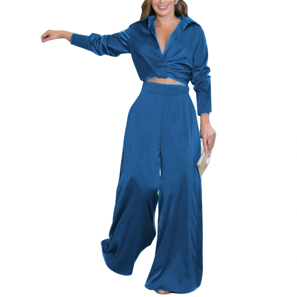 Women Casual Outfit Set Pure Color 2 Piece Outfit Twist Knot Front Top Loose Long Pants Long Sleeve Leisure Set Blue XL