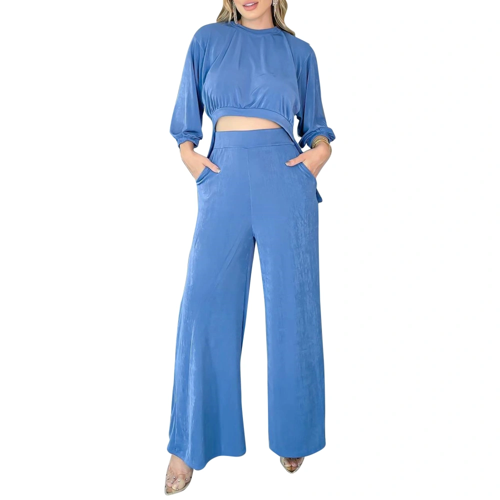 Women Two Piece Outfits Round Neck Long Sleeves Short Top Wide Legs Long Pants Casual Outwear Blue M