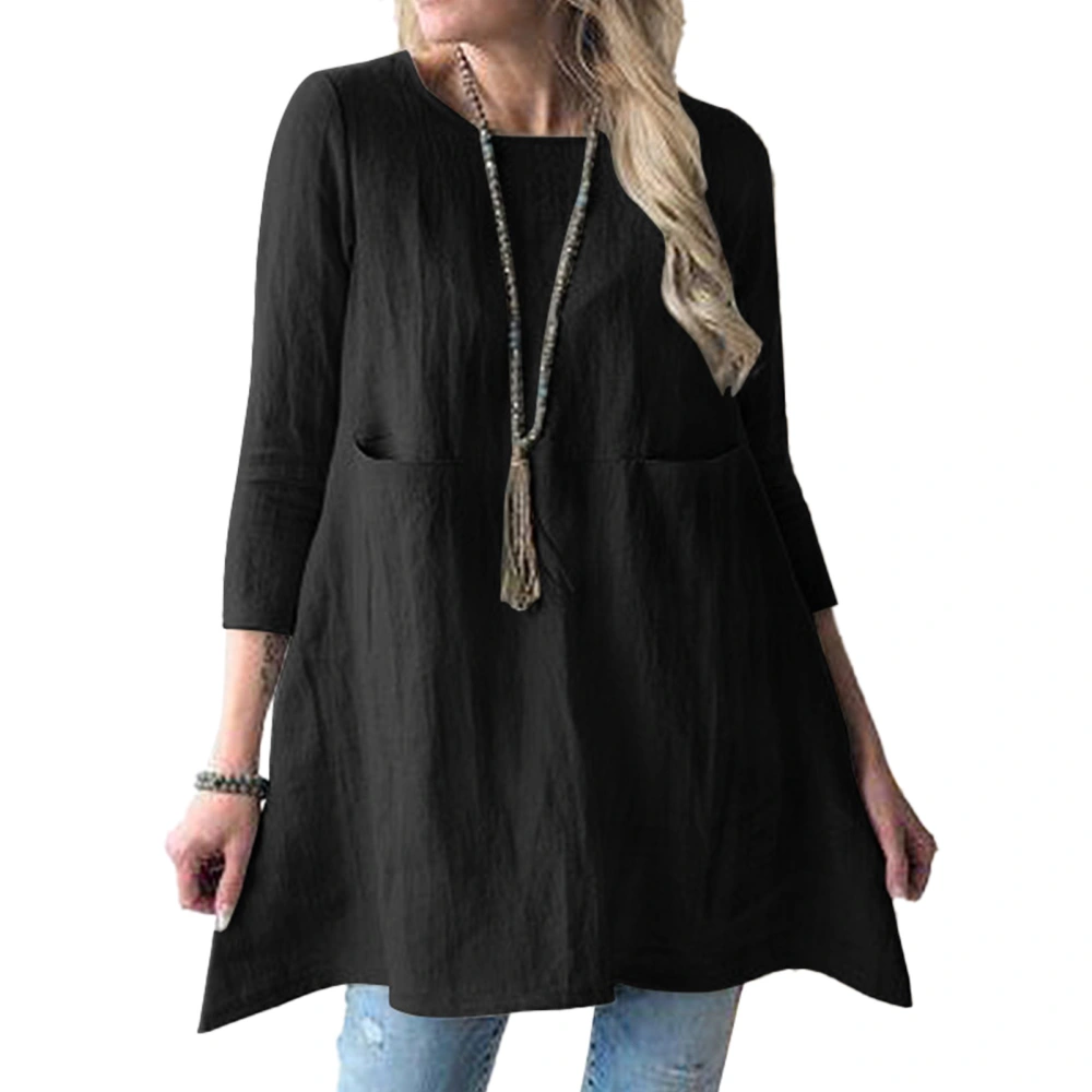 3/4 Sleeve Loose Hem Blouse with Pockets Round Neck Mid Length Top Pure Color Casual Blouse for Women Black L