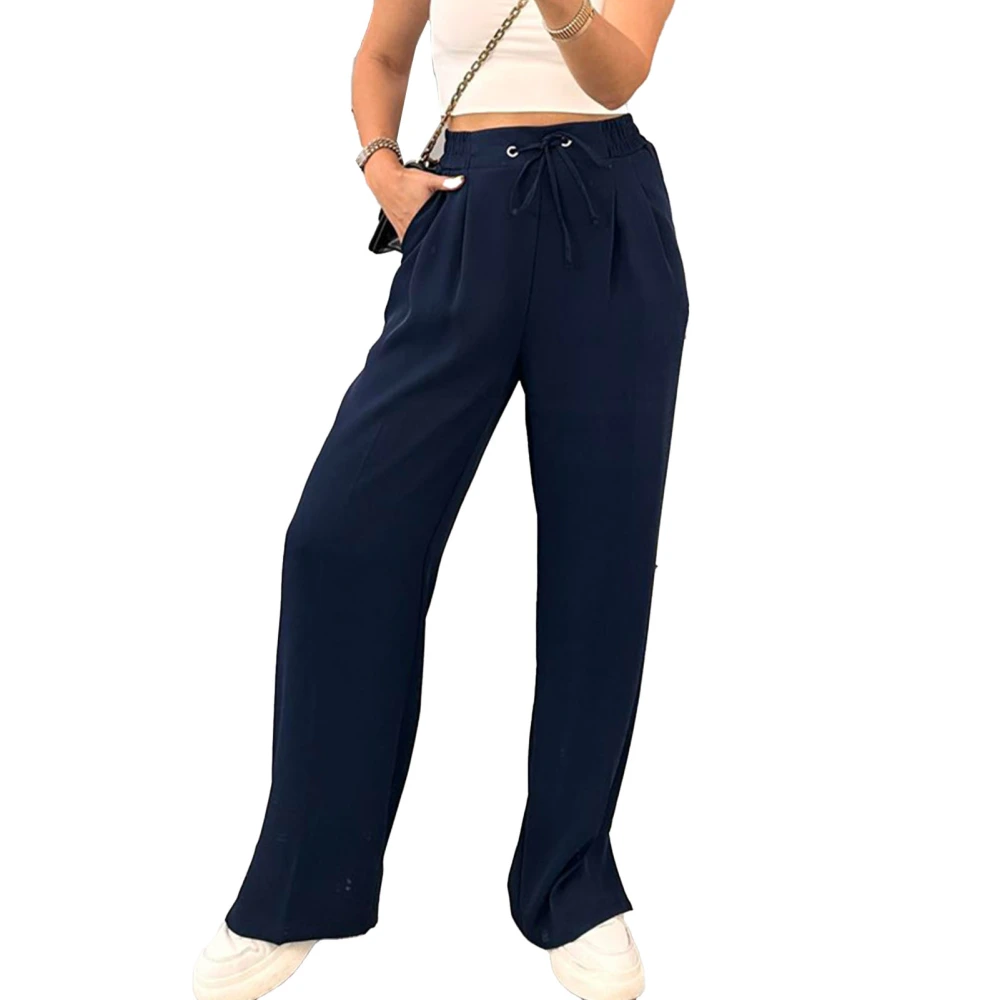 Women High Waist Wide Leg Pants Plain Color Drawstring Elastic Waist Split Hem Pants with Slant Pockets Blue 2XL