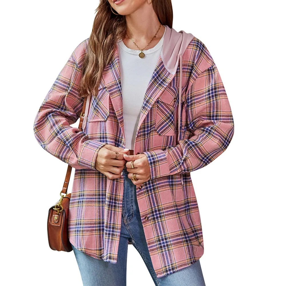 Women Hooded Plaid Shirt Long Sleeve Drawstring Button Up Hoodie Shirt with Chest Pockets Pink XL