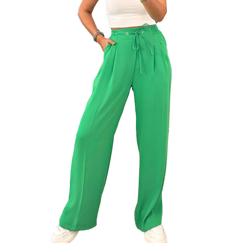 Women High Waist Wide Leg Pants Plain Color Drawstring Elastic Waist Split Hem Pants with Slant Pockets Green L