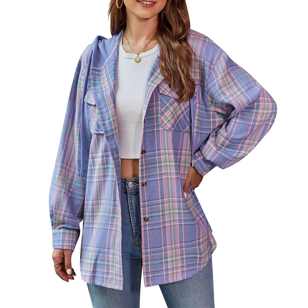 Women Hooded Plaid Shirt Long Sleeve Drawstring Button Up Hoodie Shirt with Chest Pockets Taro Purple XL