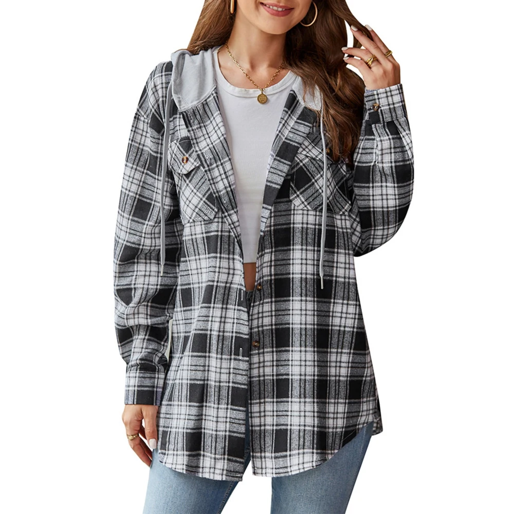 Women Hooded Plaid Shirt Long Sleeve Drawstring Button Up Hoodie Shirt with Chest Pockets Black S