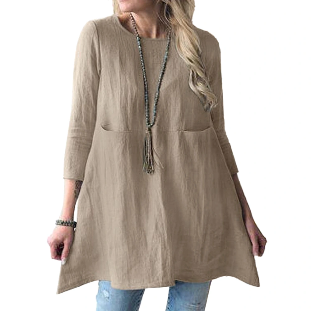 3/4 Sleeve Loose Hem Blouse with Pockets Round Neck Mid Length Top Pure Color Casual Blouse for Women Khaki M