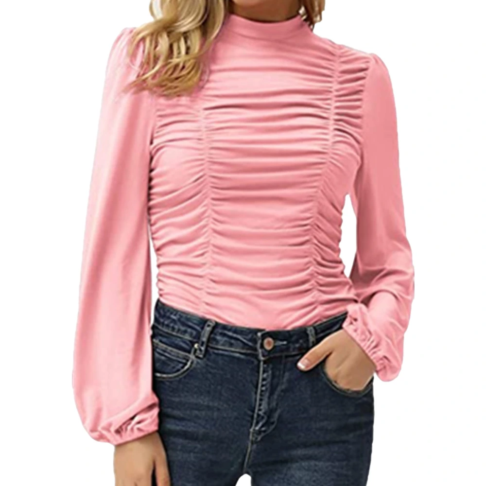 Long Lantern Sleeve Top Women Plain Color Slim Fit High Neck Ruched Front Shirt Blouse for Office Work Pink XL