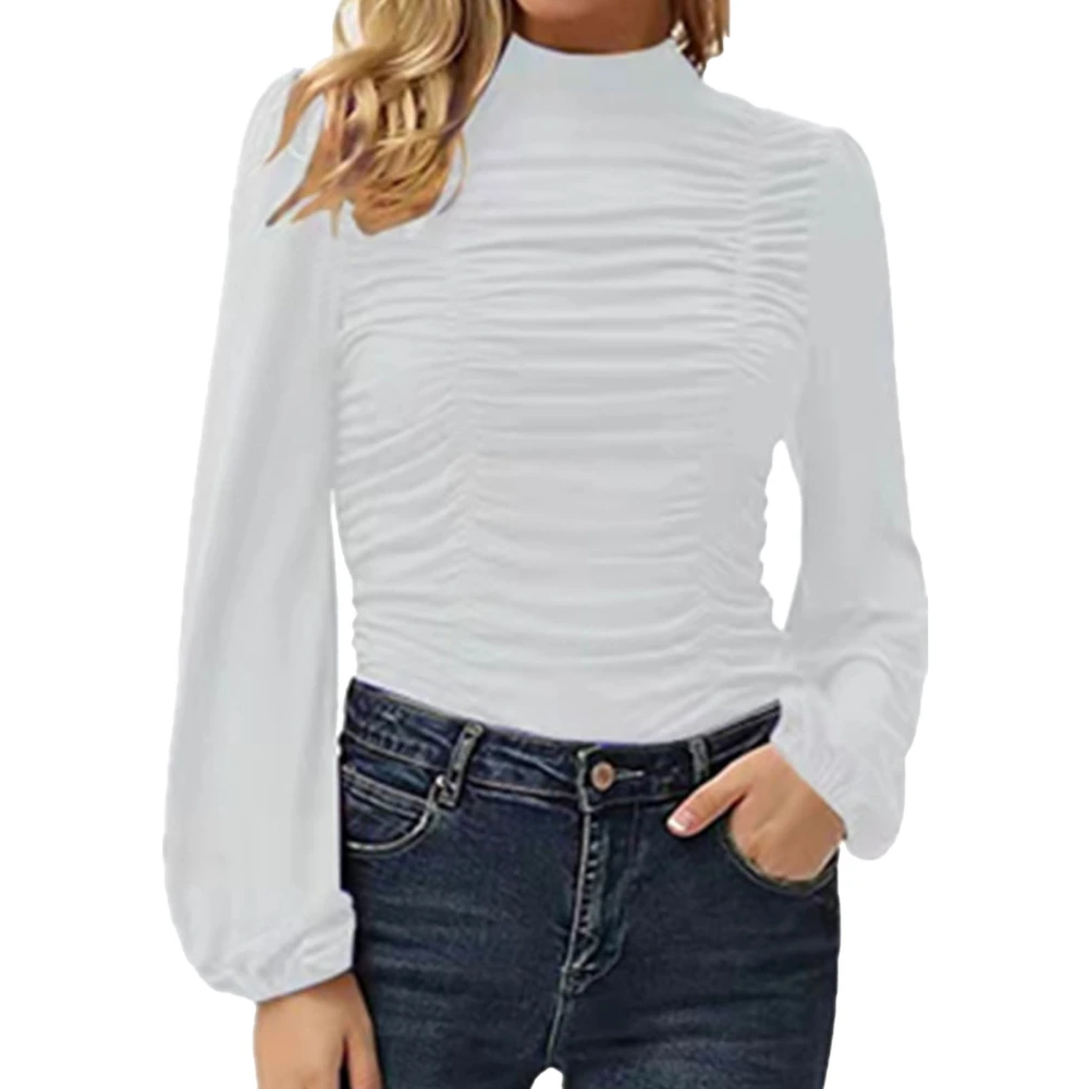 Long Lantern Sleeve Top Women Plain Color Slim Fit High Neck Ruched Front Shirt Blouse for Office Work White L