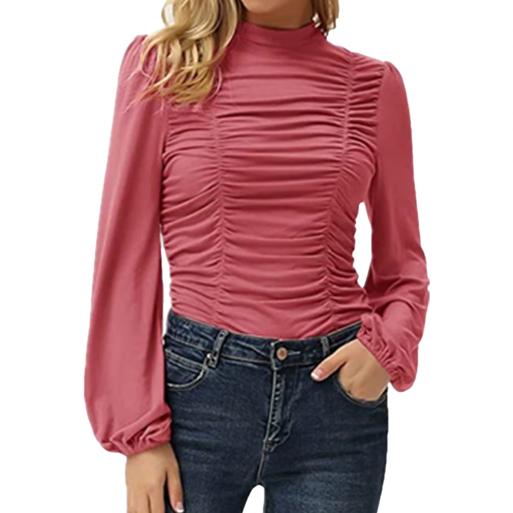 Long Lantern Sleeve Top Women Plain Color Slim Fit High Neck Ruched Front Shirt Blouse for Office Work Pale Pinkish Grey 2XL