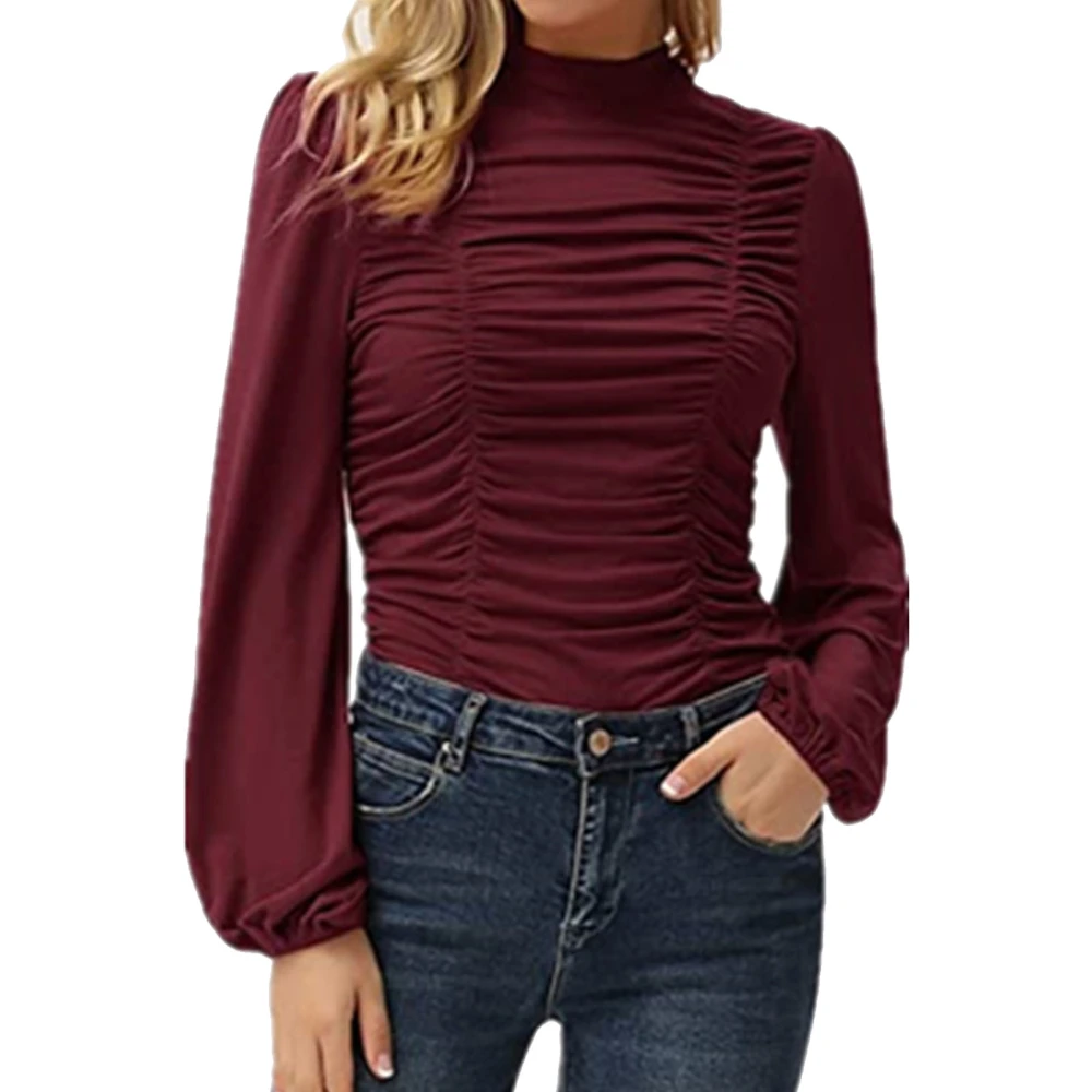 Long Lantern Sleeve Top Women Plain Color Slim Fit High Neck Ruched Front Shirt Blouse for Office Work Burgundy 2XL