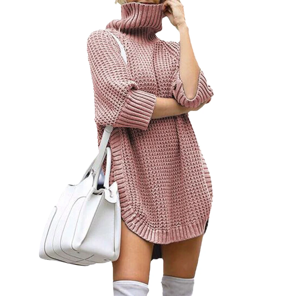 Women Long Turtleneck Sweater Casual Loose Solid Color Split Knitted Female Clothes Pink S