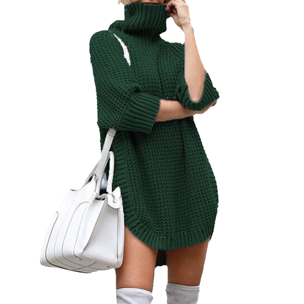 Women Long Turtleneck Sweater Casual Loose Solid Color Split Knitted Female Clothes Blackish Green M