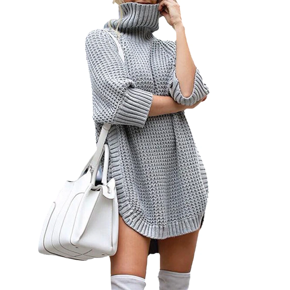 Women Long Turtleneck Sweater Casual Loose Solid Color Split Knitted Female Clothes Gray M