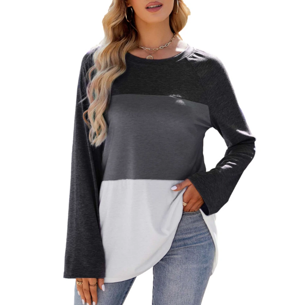 Women Round Neck T Shirt Color Blocking Long Sleeves Casual Loose Fit Blouse for Daily Wear Black XXL