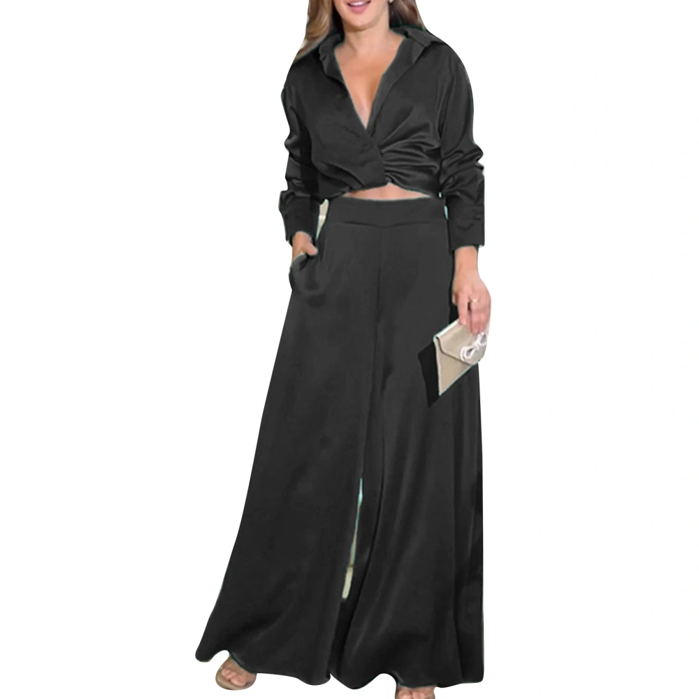 Women Casual Outfit Set Pure Color 2 Piece Outfit Twist Knot Front Top Loose Long Pants Long Sleeve Leisure Set Black L