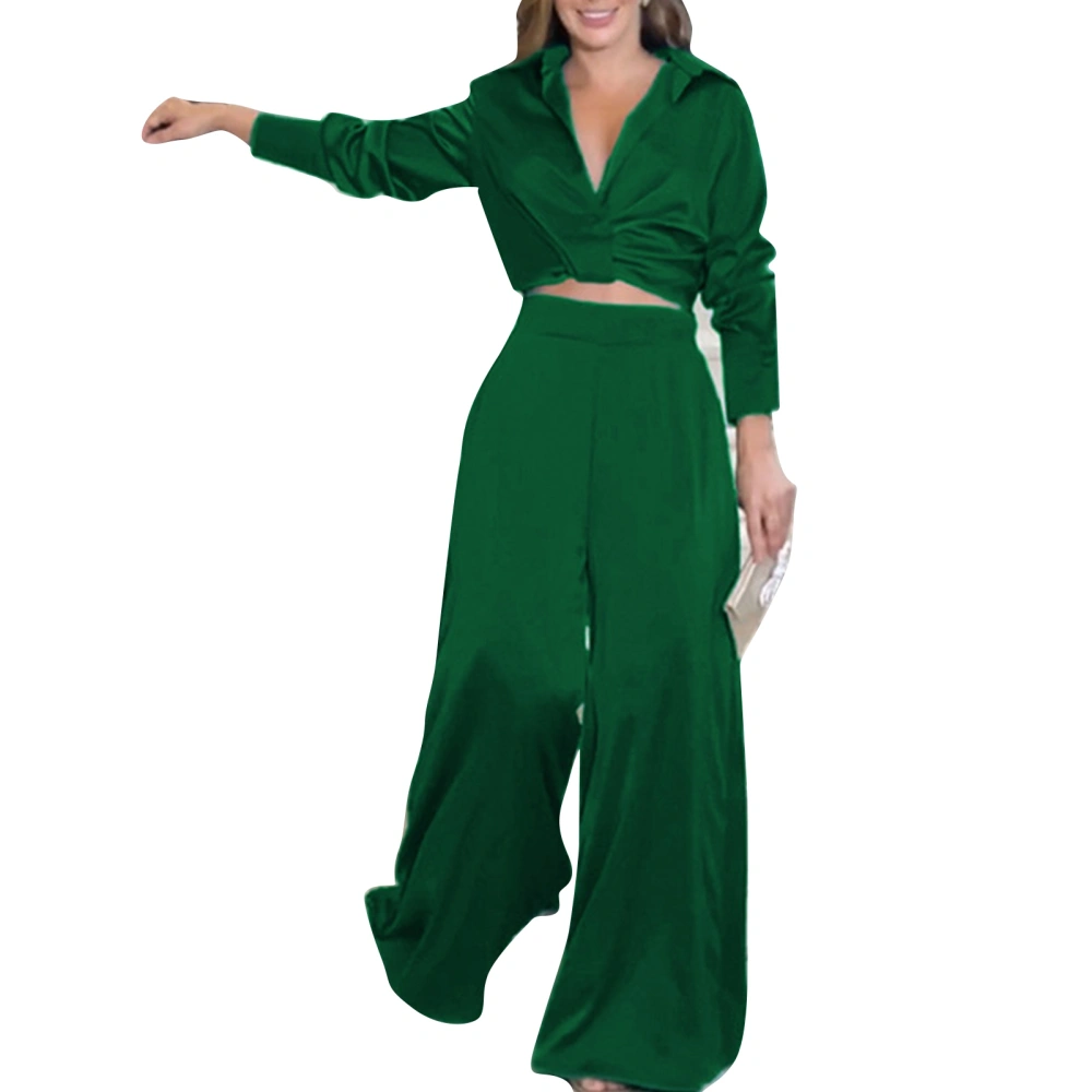 Women Casual Outfit Set Pure Color 2 Piece Outfit Twist Knot Front Top Loose Long Pants Long Sleeve Leisure Set Green M