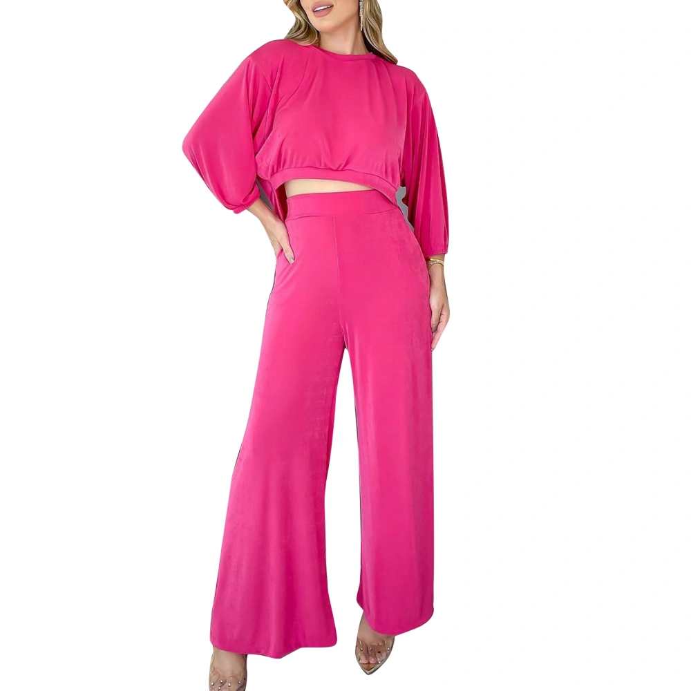 Women Two Piece Outfits Round Neck Long Sleeves Short Top Wide Legs Long Pants Casual Outwear Rose Red L