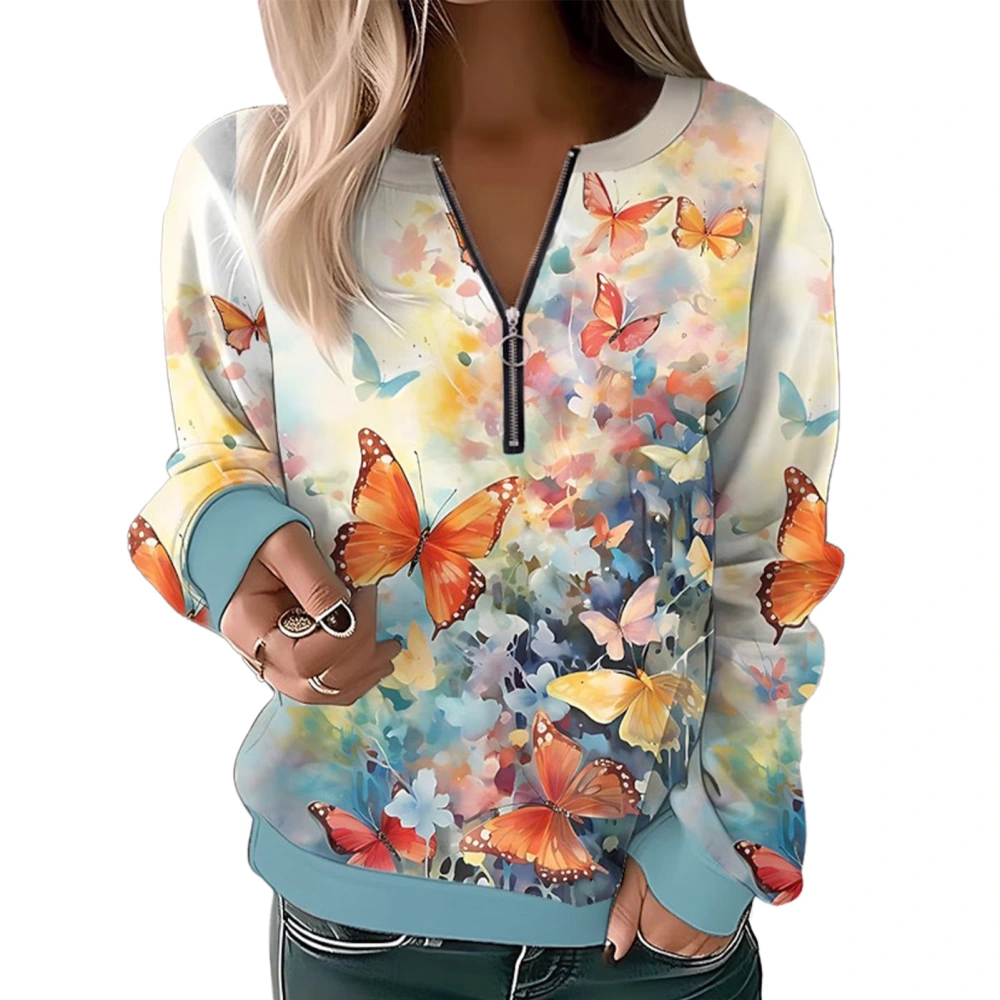 Women Long Sleeves Sweatshirt Half Zip Up Neckline Casual Loose Fit Printing Blouses Orange Butterflies S