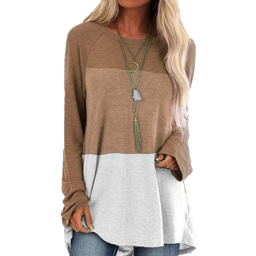 Women Round Neck T Shirt Color Blocking Long Sleeves Casual Loose Fit Blouse for Daily Wear Khaki L