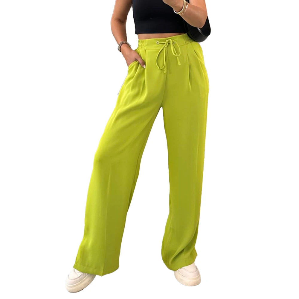 Women High Waist Wide Leg Pants Plain Color Drawstring Elastic Waist Split Hem Pants with Slant Pockets Yellow L