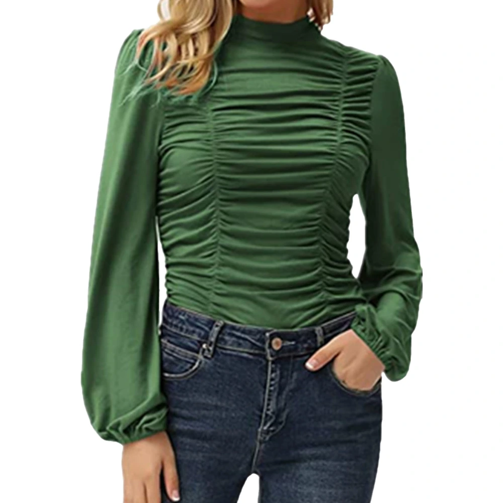 Long Lantern Sleeve Top Women Plain Color Slim Fit High Neck Ruched Front Shirt Blouse for Office Work OD Green M