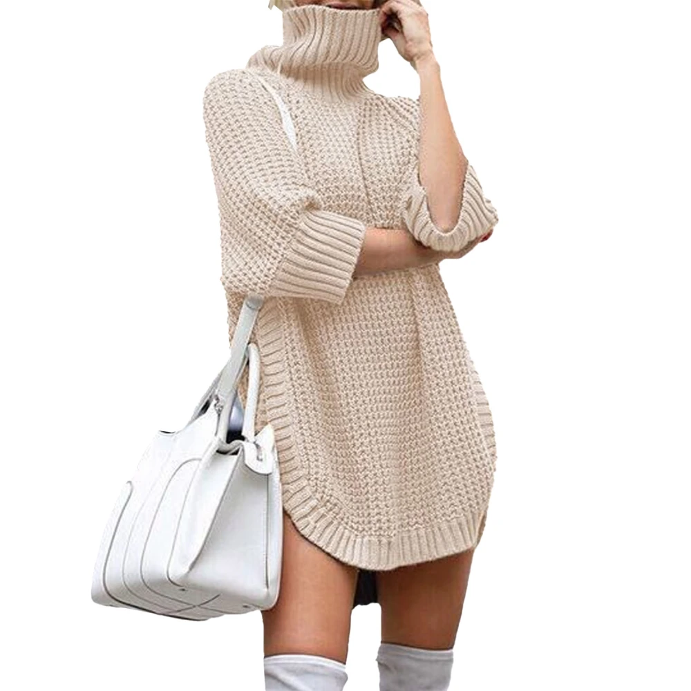 Women Long Turtleneck Sweater Casual Loose Solid Color Split Knitted Female Clothes Khaki L