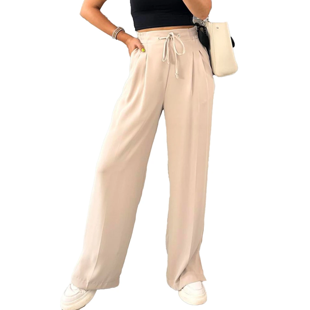 Women High Waist Wide Leg Pants Plain Color Drawstring Elastic Waist Split Hem Pants with Slant Pockets Beige 2XL