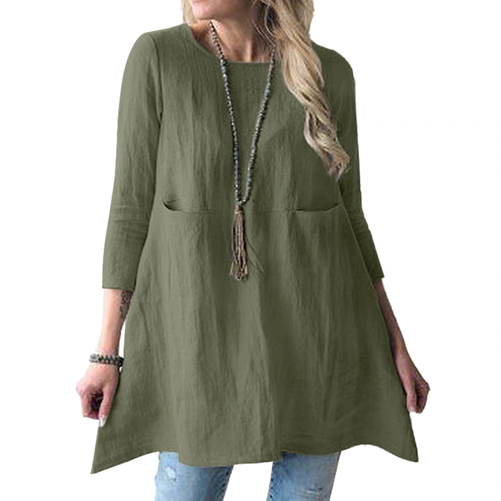 3/4 Sleeve Loose Hem Blouse with Pockets Round Neck Mid Length Top Pure Color Casual Blouse for Women Green XXL