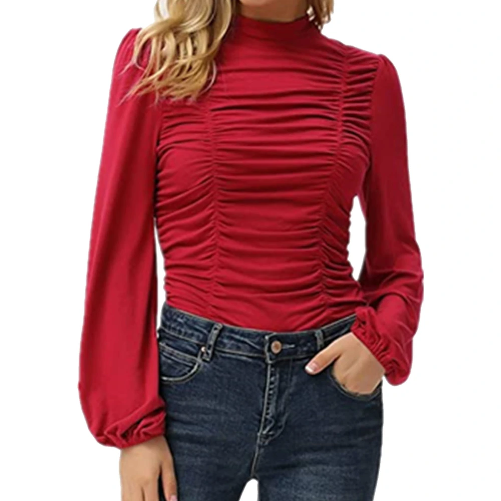 Long Lantern Sleeve Top Women Plain Color Slim Fit High Neck Ruched Front Shirt Blouse for Office Work Red XL