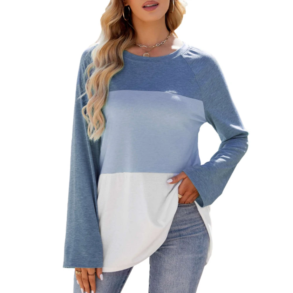 Women Round Neck T Shirt Color Blocking Long Sleeves Casual Loose Fit Blouse for Daily Wear Blue XXL