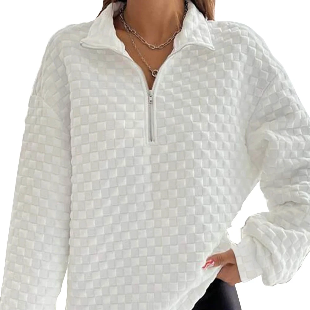 Women Long Sleeves Sweatshirt Half Zip Up Neckline Pure Color Casual Loose Fit Pullover Top White XXL