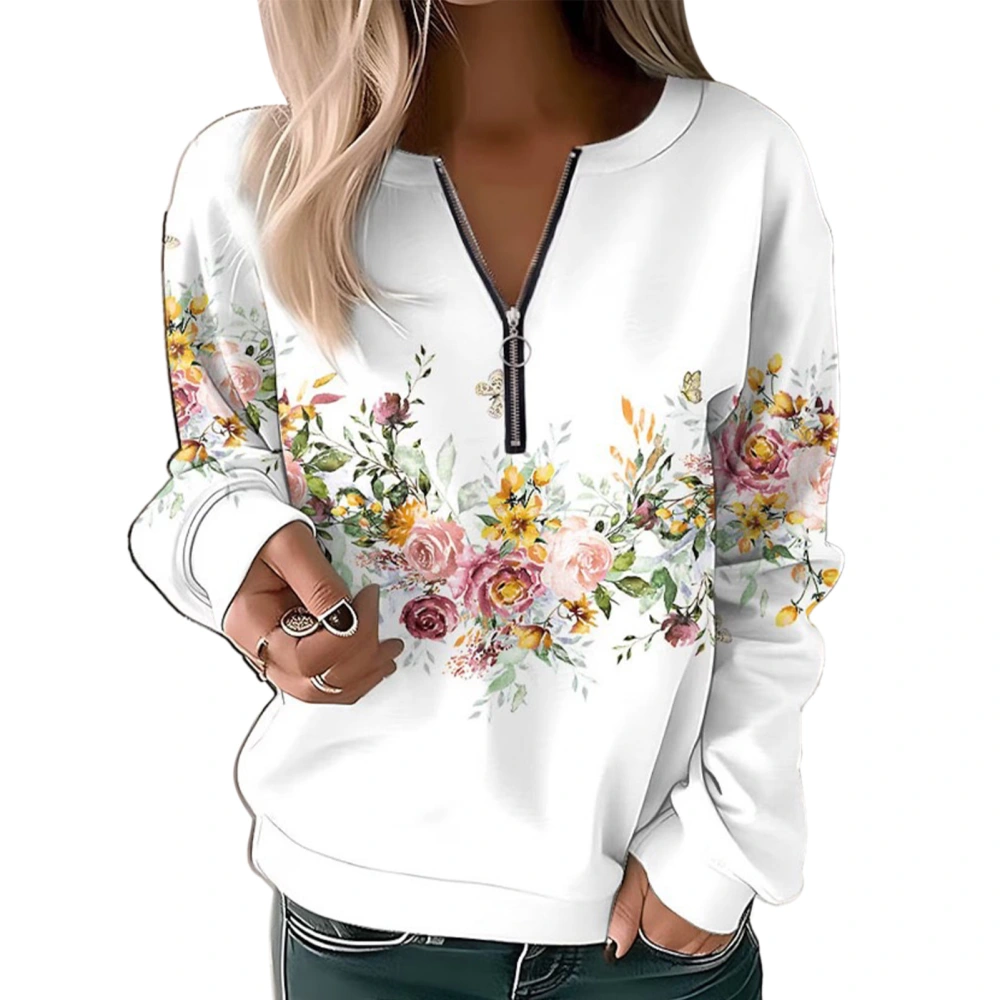 Women Long Sleeves Sweatshirt Half Zip Up Neckline Casual Loose Fit Printing Blouses White Flower S