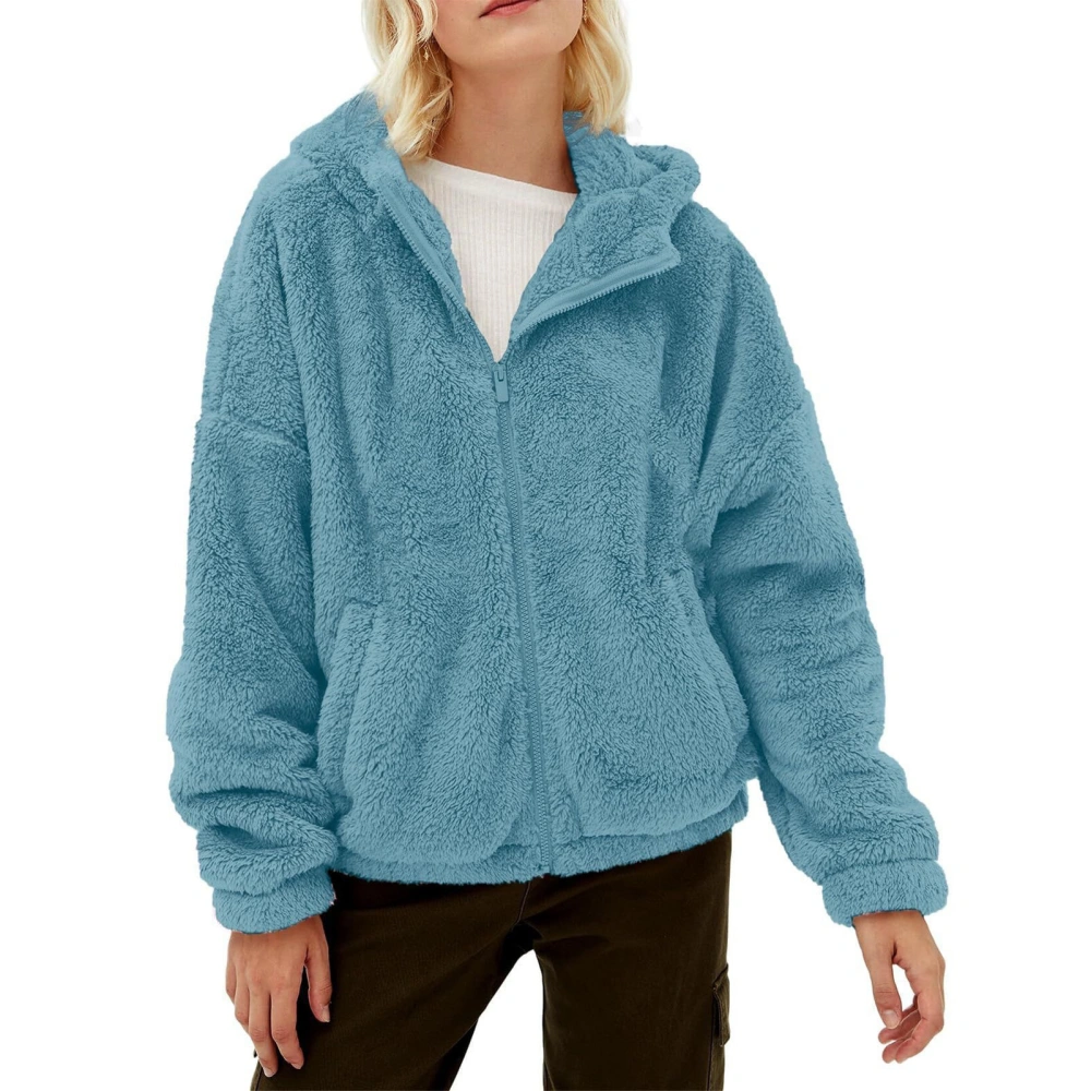 Women Soft Fleece Jacket Zipper Closure Pure Color Casual Hooded Overcoat with Pocket Blue XXL