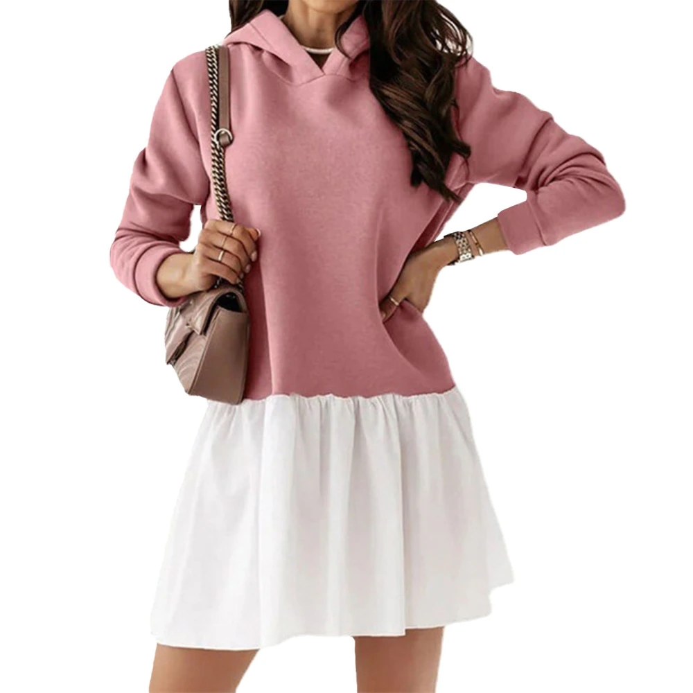 Women Oversized Sweatshirt Dress Long Sleeve Loose Fitting Hooded Pullover Top Pleated Dress Pink M