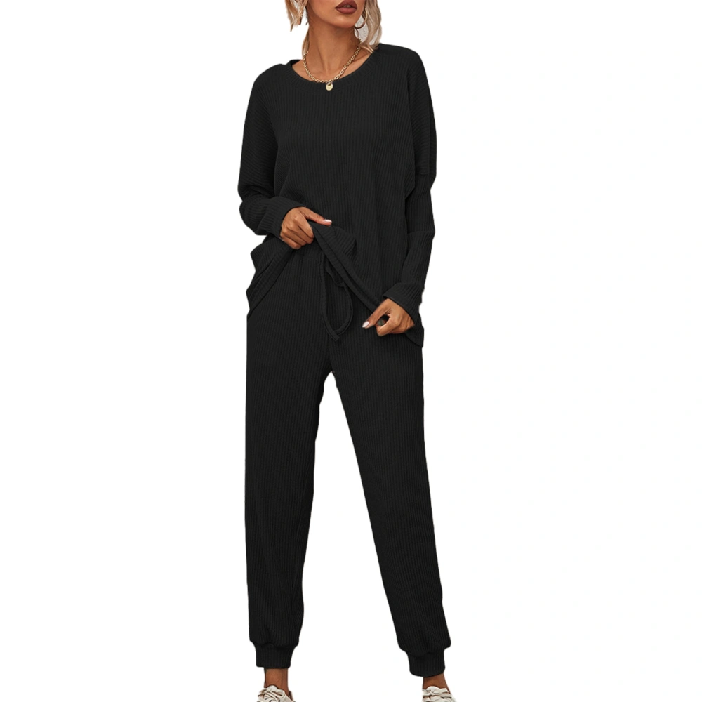 Women Casual Outfit Set 2 Piece Pure Color Outfit Round Neck Long Sleeve Blouse Drawstring Long Pants Leisure Outfit Set Black L