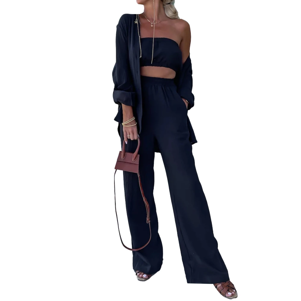 Women Long Sleeve Button Up Outfit Set Turn Down Collar Wide Leg Elastic Waist 2 Piece Lounge Set Black M