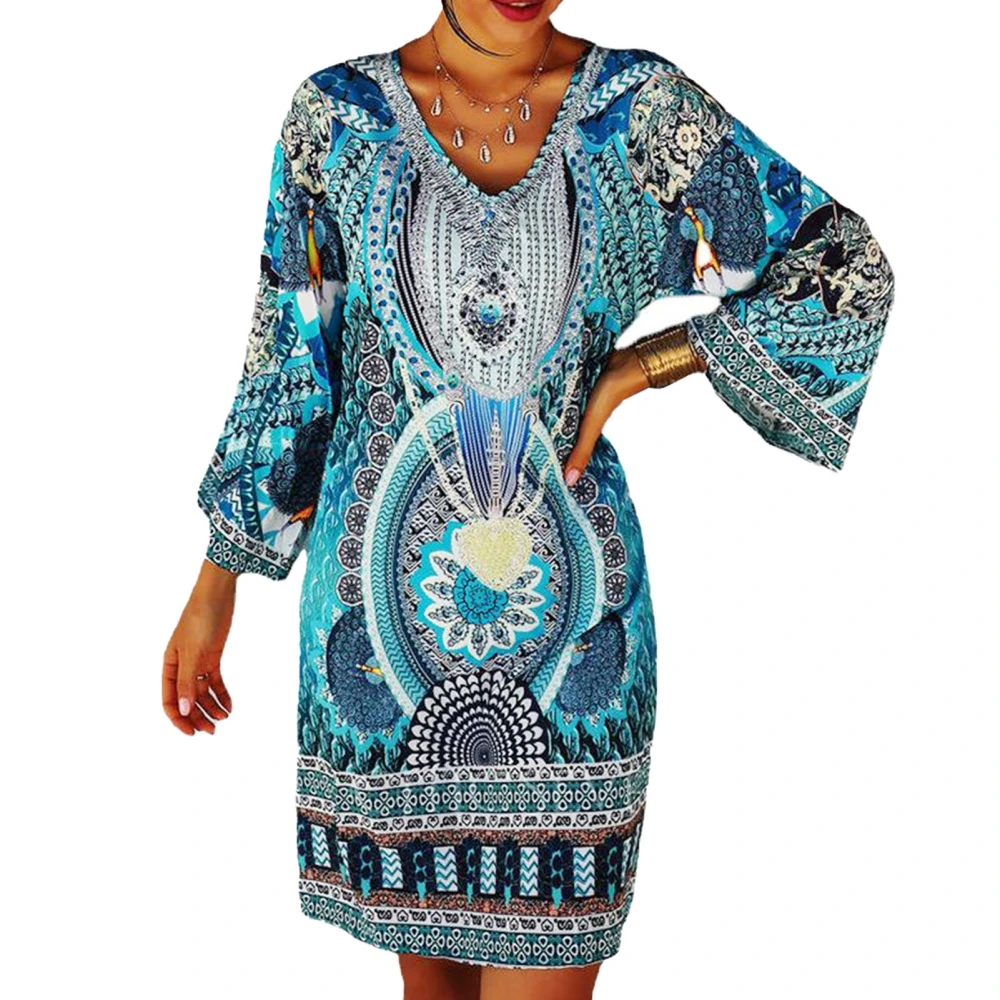 Women Ethnic Style Printed Dress Long Sleeve V Neck Casual Fashionable Breathable Dress Printed M