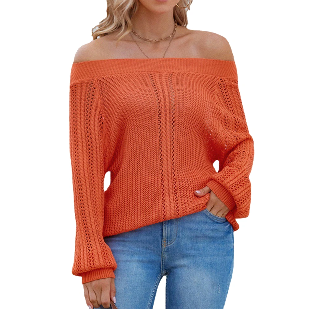 Off Shoulder Knitted Sweater Casual Fitted Plain Color Off Shoulder Hollow Sweater for Women Orange XL