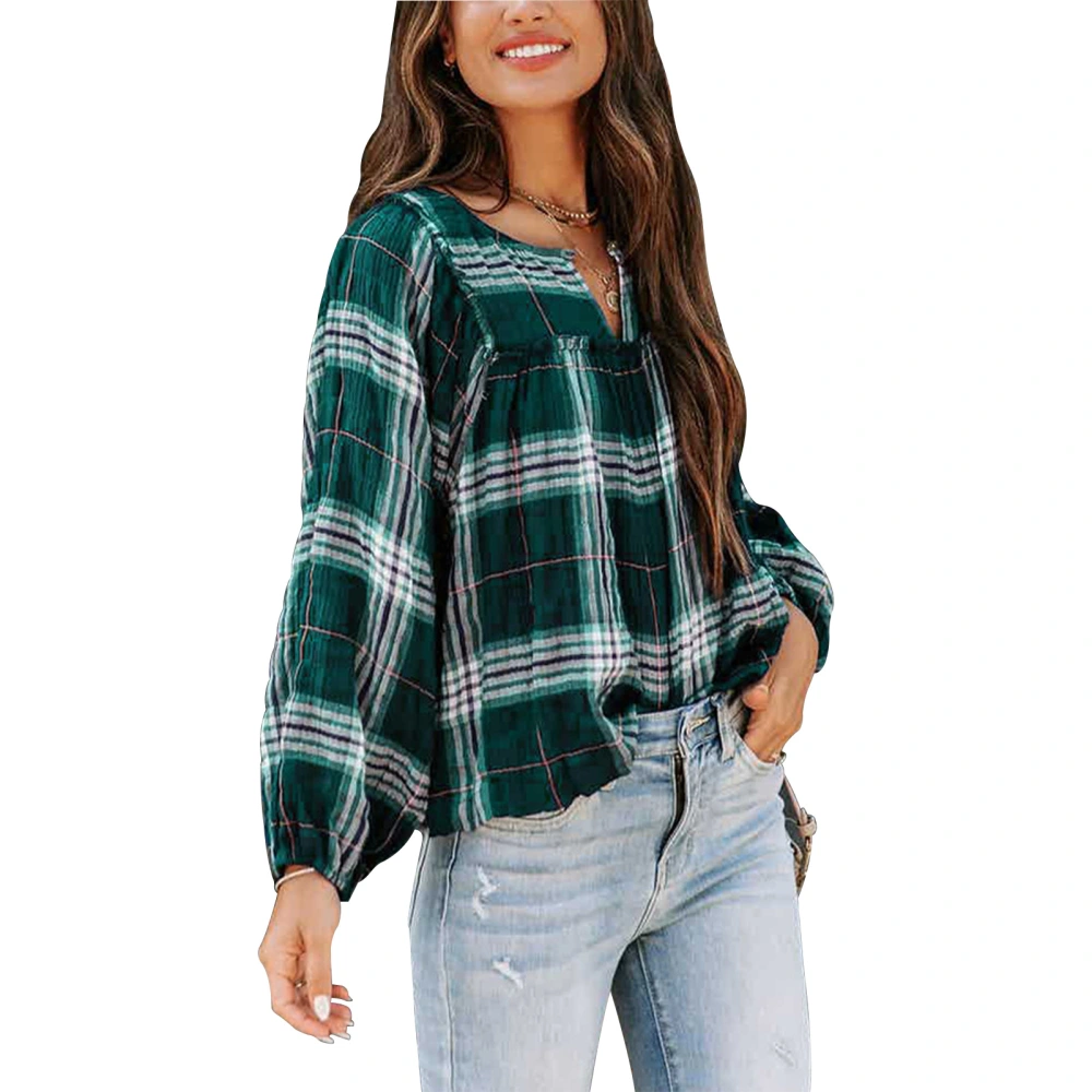 Women Top V Neck Long Sleeve Plaid Casual Stylish Comfortable Blouse for Daily Leisure Work Green M