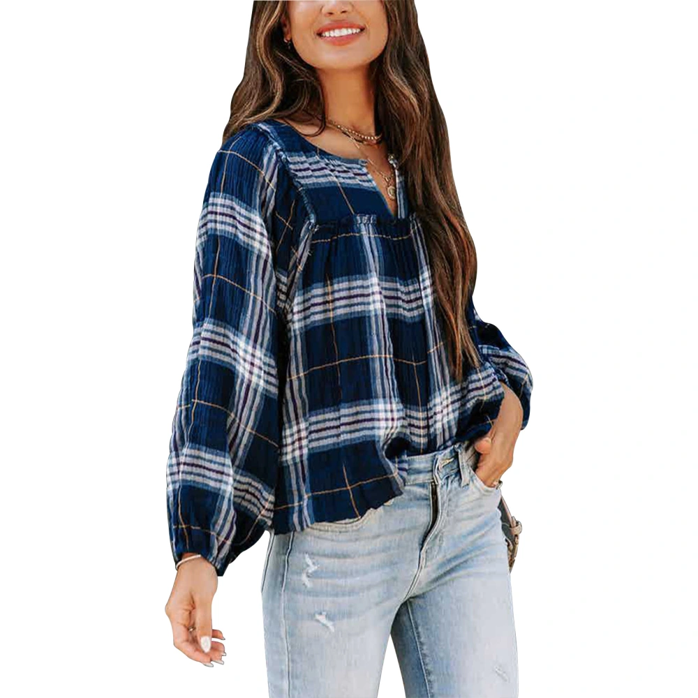 Women Top V Neck Long Sleeve Plaid Casual Stylish Comfortable Blouse for Daily Leisure Work Blue L