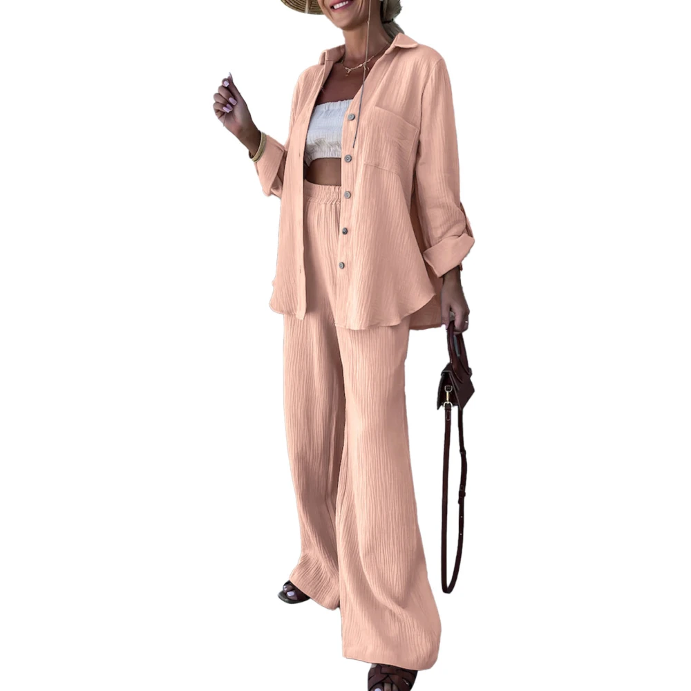 Women Long Sleeve Button Up Outfit Set Turn Down Collar Wide Leg Elastic Waist 2 Piece Lounge Set Pale Pinkish Grey XL