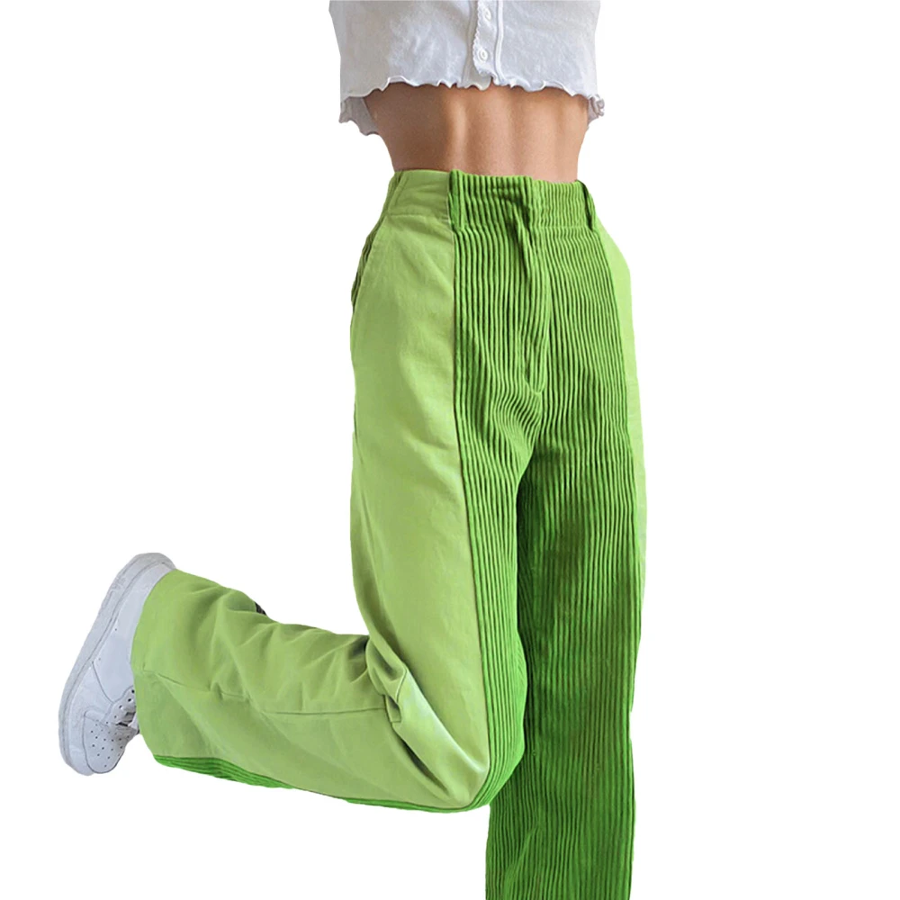 Women Wide Legs Pants High Waist Stylish Splicing Pure Color Casual Loose Pants for Daily Wear Green M