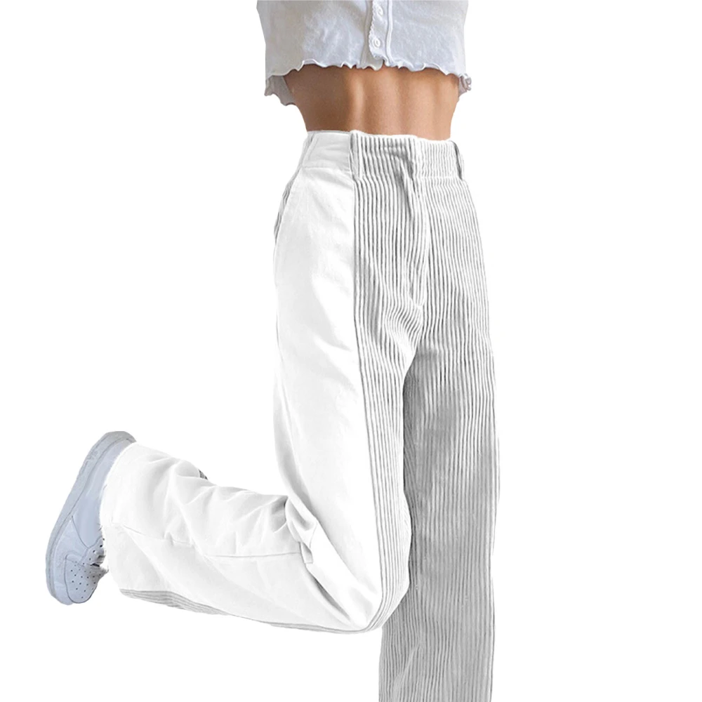 Women Wide Legs Pants High Waist Stylish Splicing Pure Color Casual Loose Pants for Daily Wear White 2XL