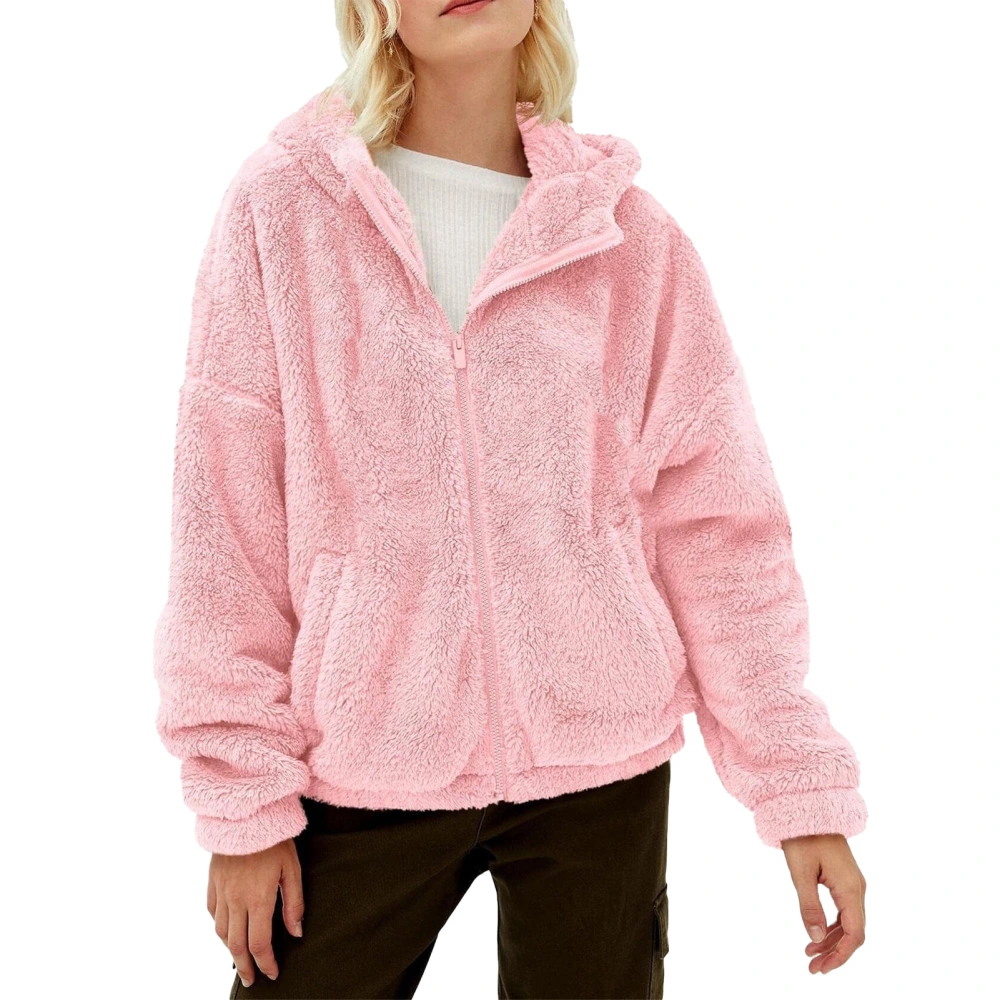 Women Soft Fleece Jacket Zipper Closure Pure Color Casual Hooded Overcoat with Pocket Pink XXL