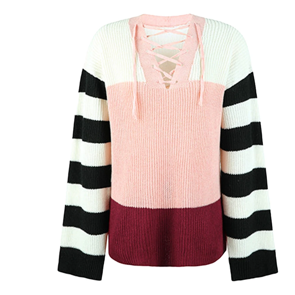 Women Color Block Loose Sweater Stripe Sleeve Lace Up Front V Neck Top Long Sleeve Pullover Casual Knit Sweater Pink XL