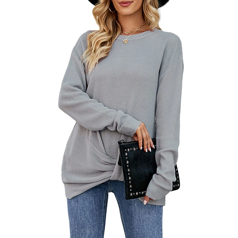 Women Long Sleeve Sweater Twisted Design Round Neck Pure Color Soft Skin Friendly Breathable Knit Sweater for Home Outdoor Gray M