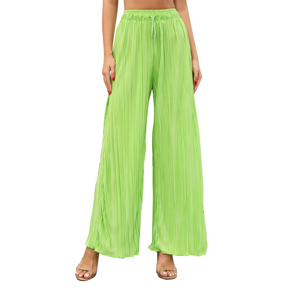 Women Wide Legs Pants Elastic Waist Drawstring Closure Pleated Casual Long Trousers for Daily Wear Green S