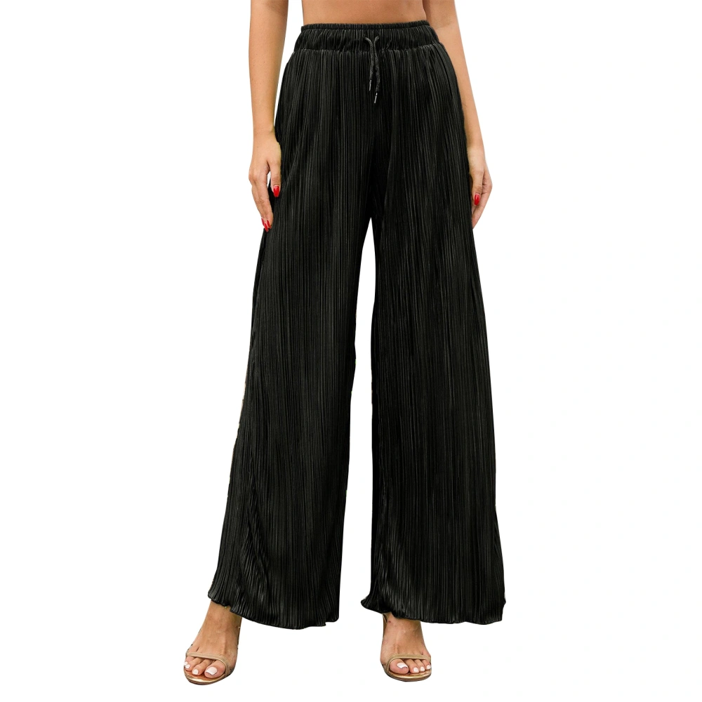 Women Wide Legs Pants Elastic Waist Drawstring Closure Pleated Casual Long Trousers for Daily Wear Black S