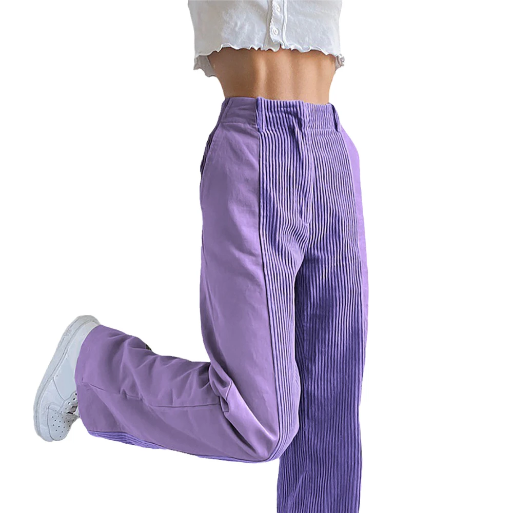 Women Wide Legs Pants High Waist Stylish Splicing Pure Color Casual Loose Pants for Daily Wear Purple XL