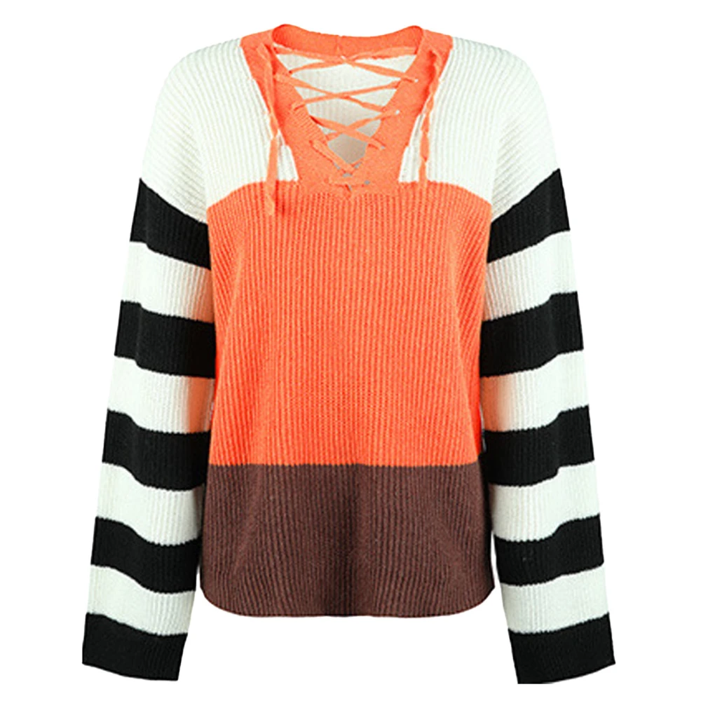 Women Color Block Loose Sweater Stripe Sleeve Lace Up Front V Neck Top Long Sleeve Pullover Casual Knit Sweater Orange S