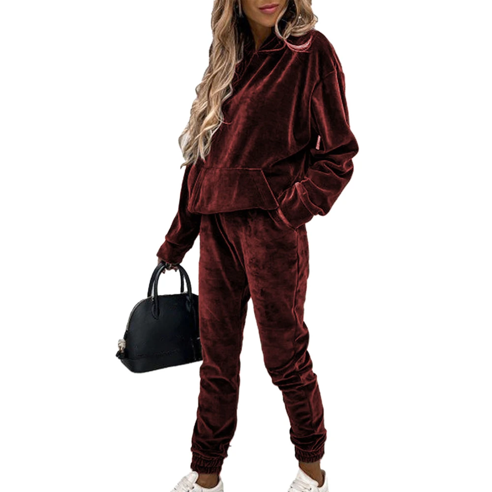 Hooded Blouse Pocket Plush Pants Long Sleeve Breathable Plain Color Hoodie Blouse Trousers Burgundy M